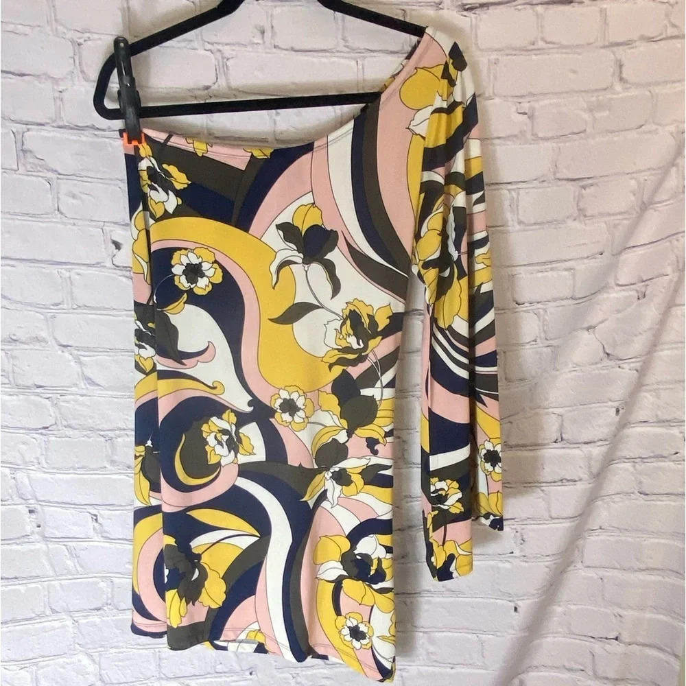 5/$20 Women’s Rue 21 Groovy Retro One‎ Shoulder Multicolor Mini Dress Medium